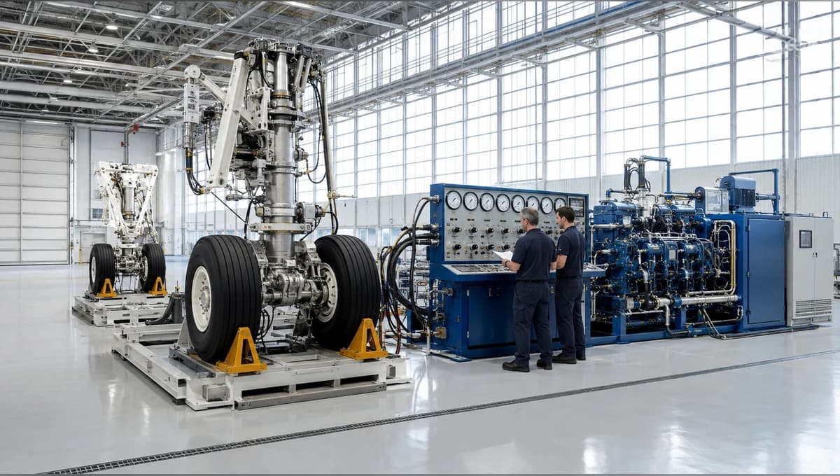 Aerospace component test cell with aircraft landing gear and precision fluid instrumentation