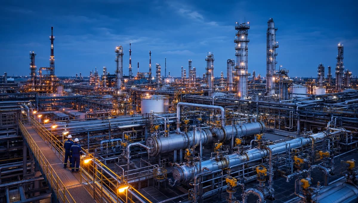 Petrochemical refinery process units with columns, pipe racks and control valves
