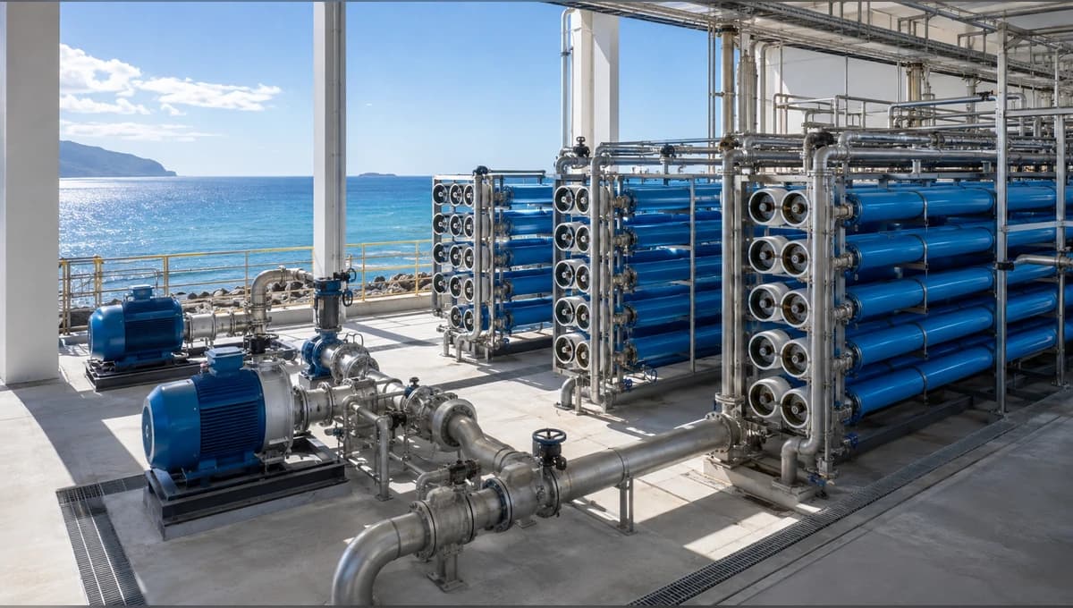 Seawater desalination plant with membrane filtration and high-pressure pumps