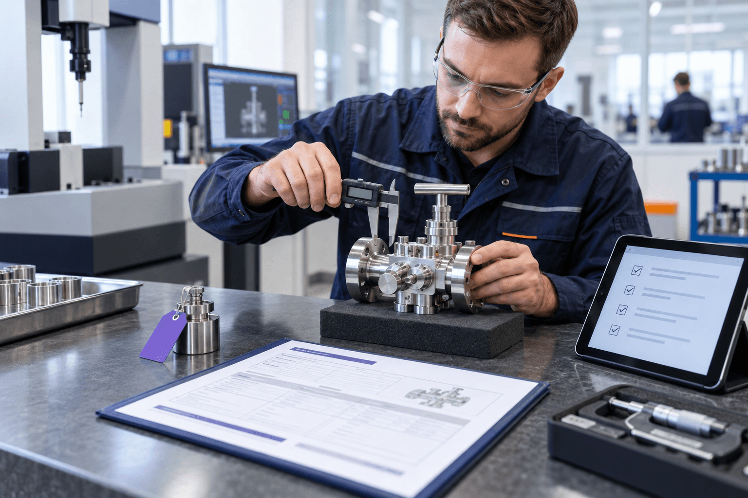 Quality engineer inspecting an industrial component with traceability and compliance documentation