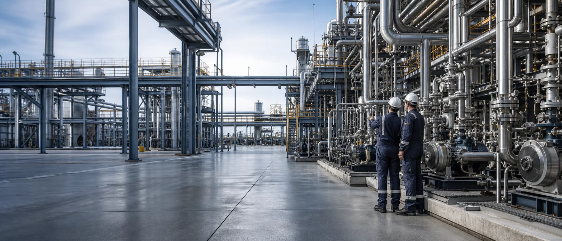 Engineers reviewing process equipment at an industrial plant.