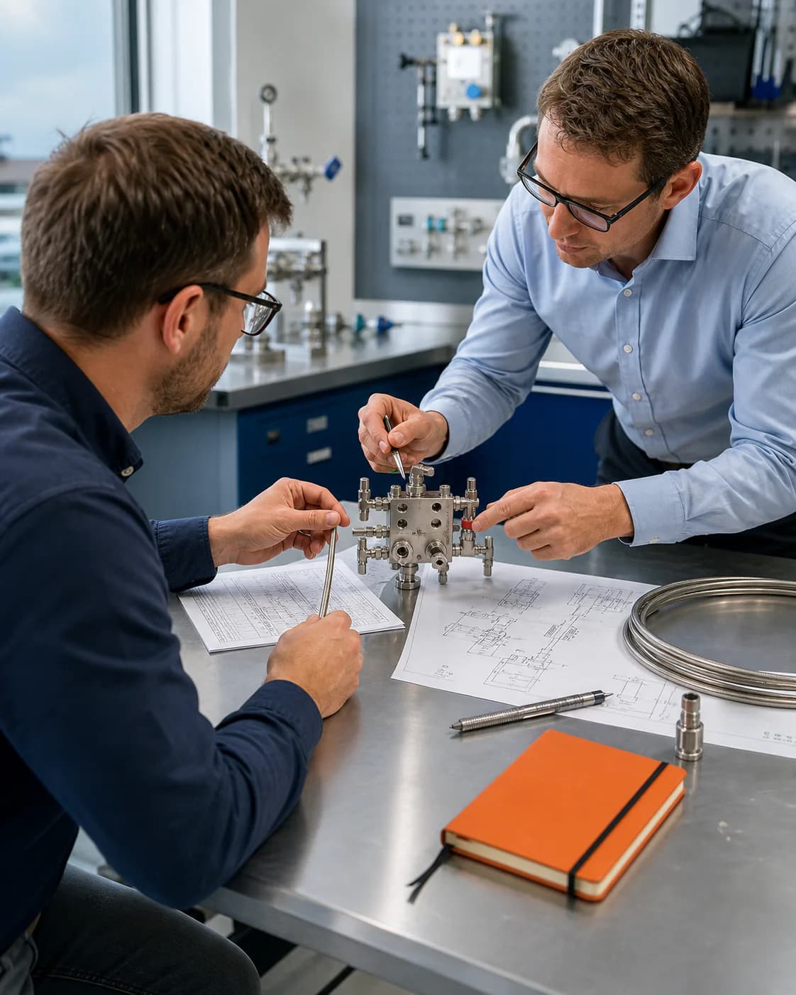 Engineers reviewing an instrumentation assembly and technical drawings to define a product requirement