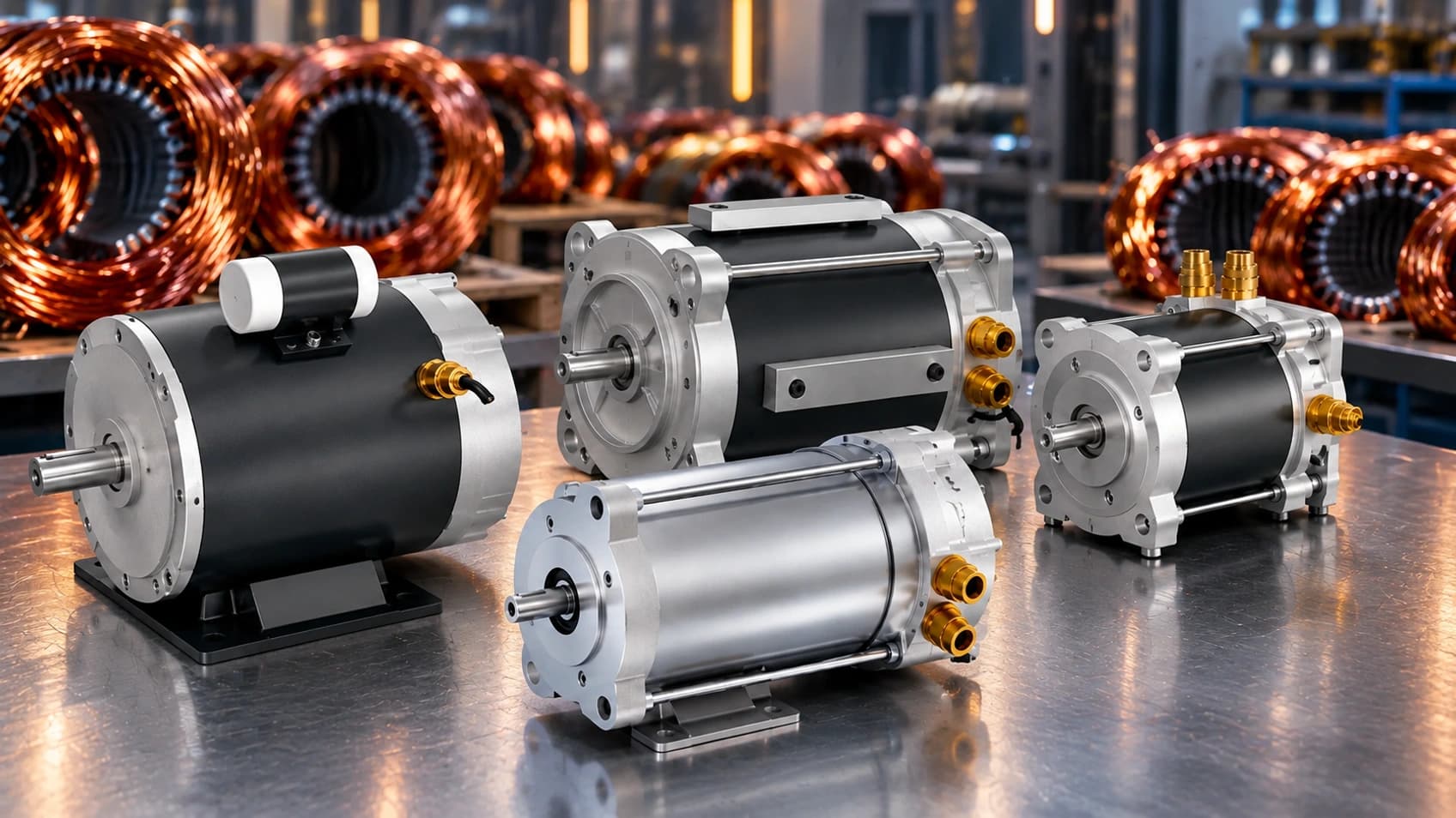 Industrial electric motors displayed with copper motor windings
