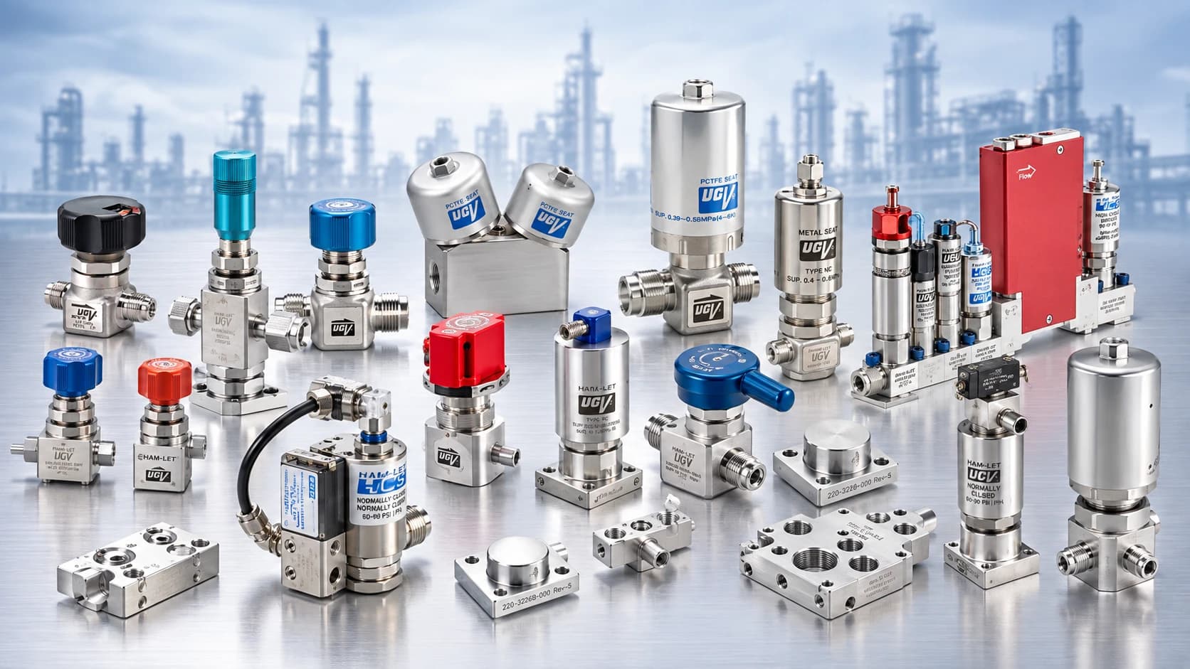 UCT Fluid Solutions valves, actuators and manifolds displayed against a refinery backdrop