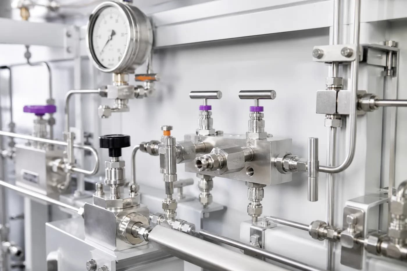 UCT Fluid Solutions instrument manifold and valves with purple and orange handle accents