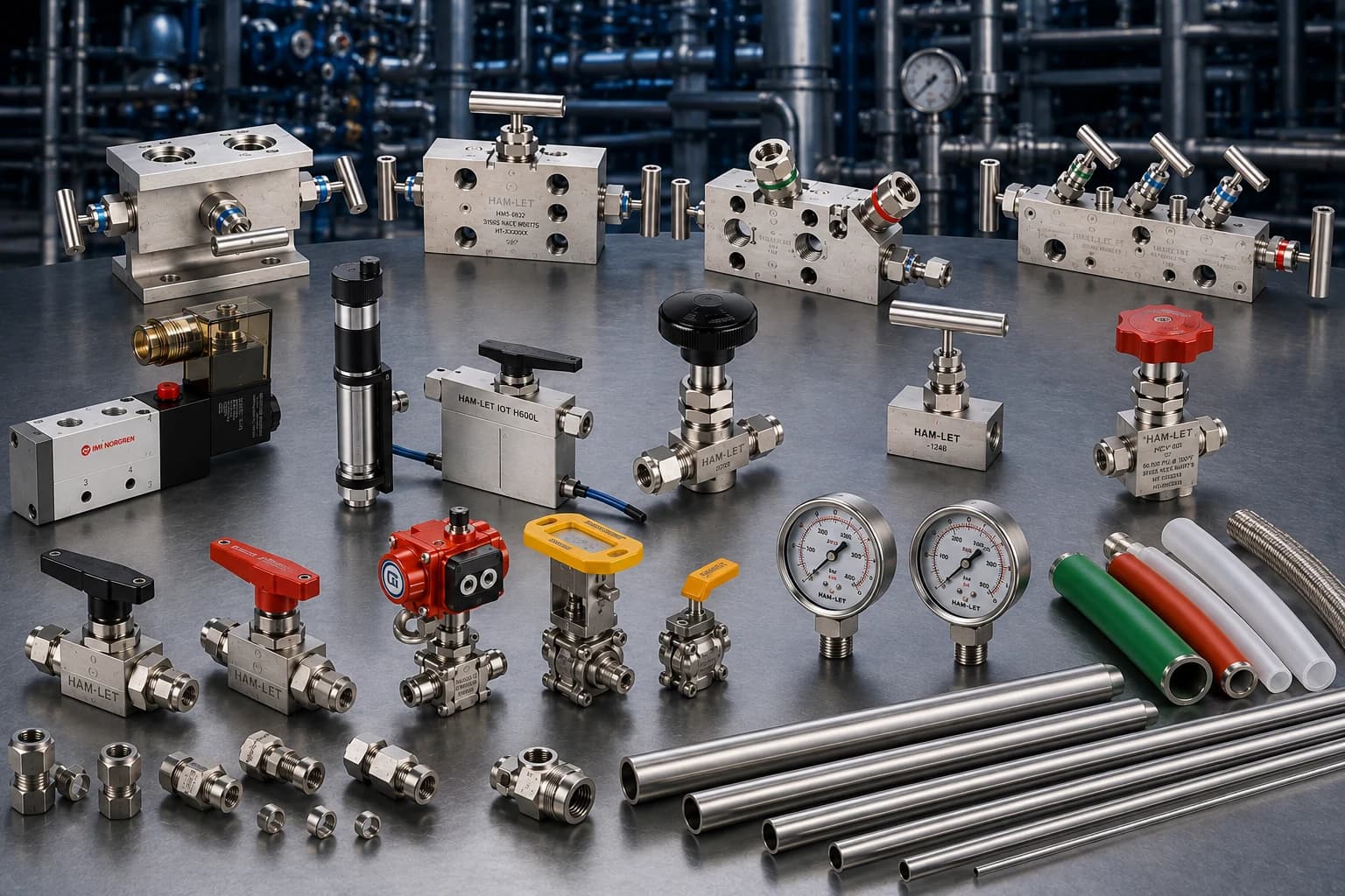 Fluid and instrumentation fittings, valves, manifolds, gauges and tubing